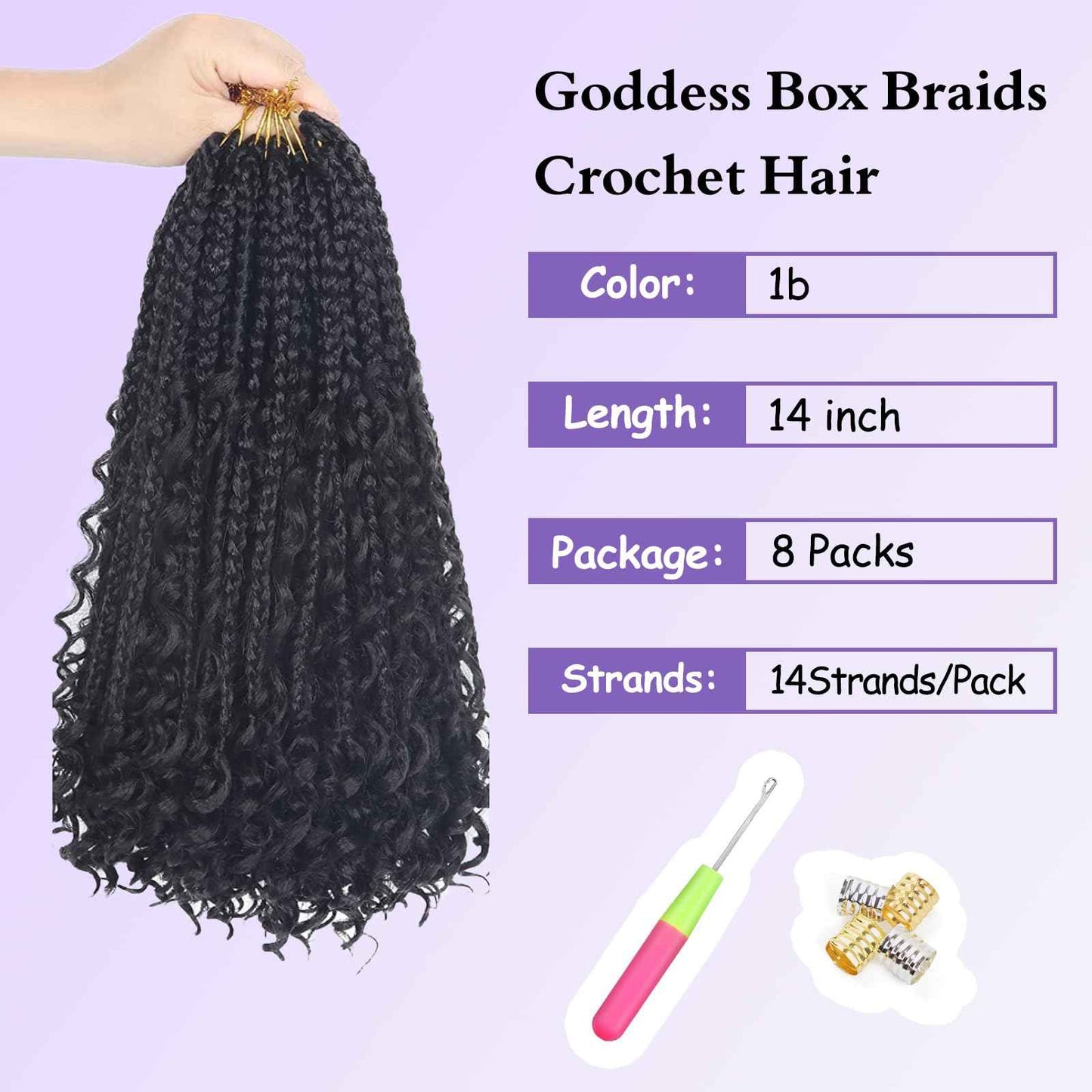 Mebeli Goddess Bohemian box braids Crochet Hair,14inch Pre Looped Boho Box Braid Crochet Hair with curly Ends,8pcs Boho Crochet Braids Synthetic Hair Extensions for Black Women(14inch,#1B)