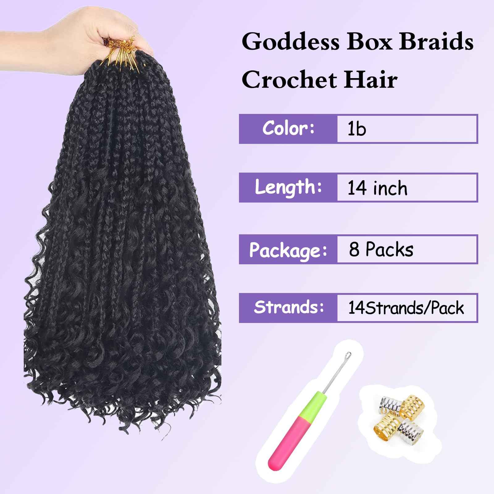 Mebeli Goddess Bohemian box braids Crochet Hair,14inch Pre Looped Boho Box Braid Crochet Hair with curly Ends,8pcs Boho Crochet Braids Synthetic Hair Extensions for Black Women(14inch,#1B)