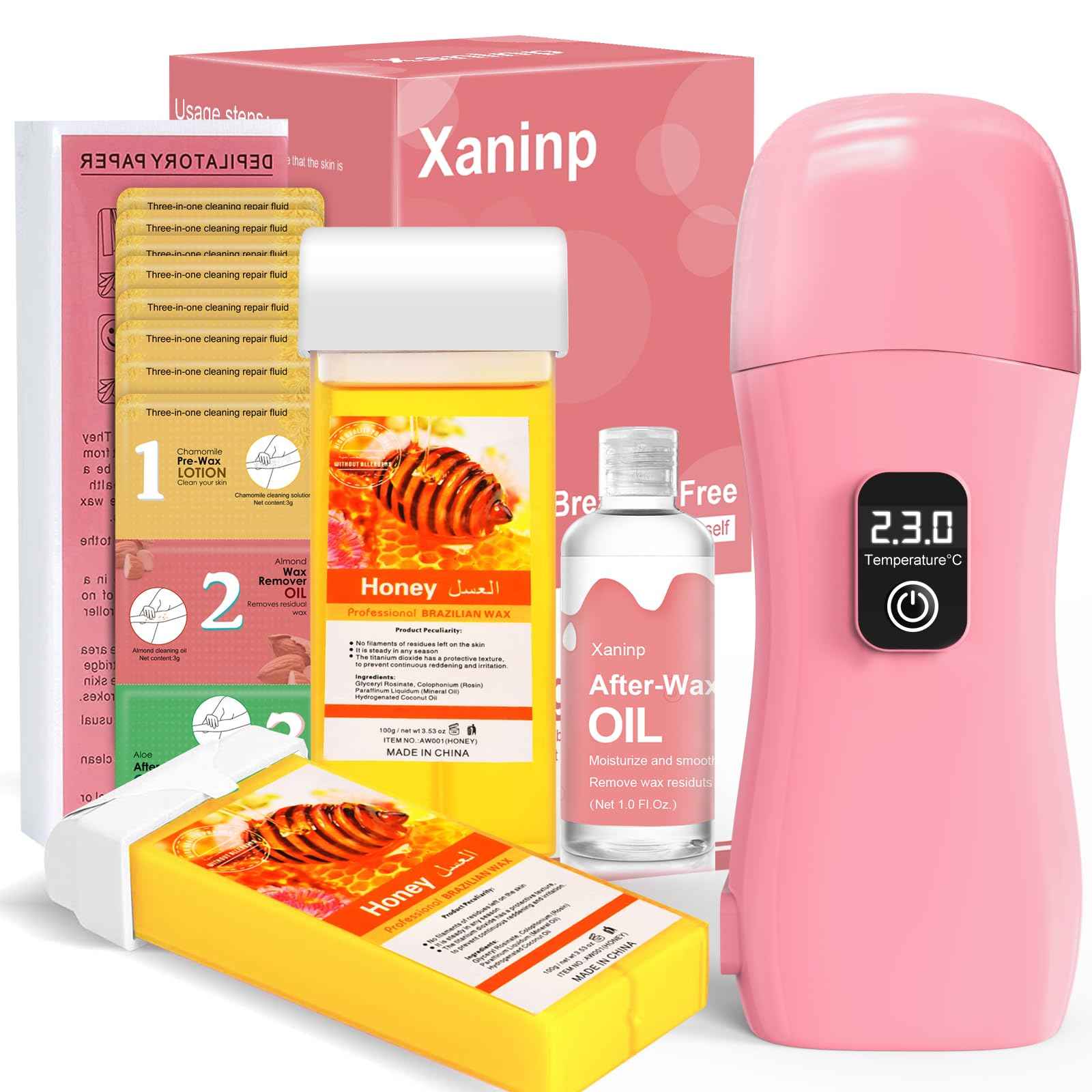 Roll on Wax Kit for Hair Removal - Wax Roller with Digital LED Display, Waxing Kit for Hair Removal for Women, Safe No-Burn At-Home Waxs Warmer, 2 Soft Honey Cartridges & 50 Strips