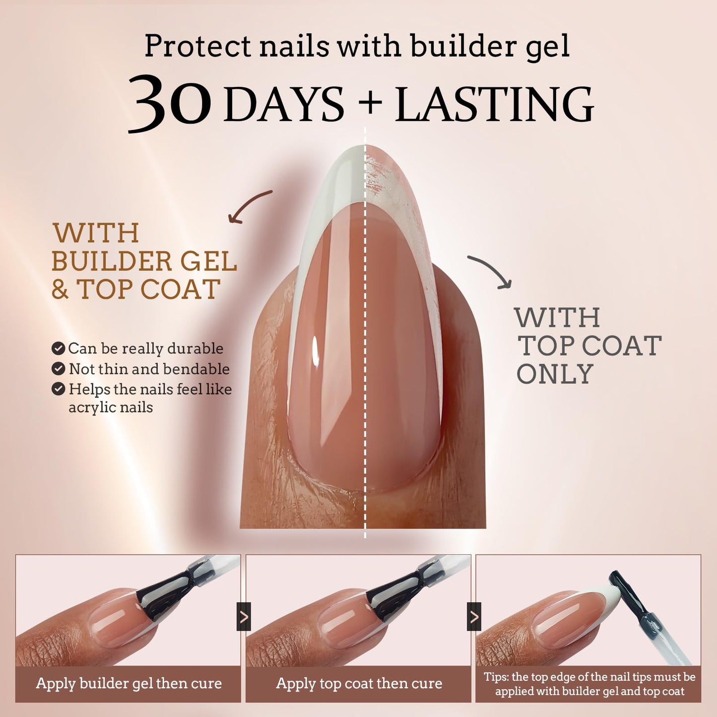 BTArtboxnails French Gel Nail Tips -French Tip Press on Nails Brown Long Stiletto XCOATTIPS Pre-applied Tip Primer & Base Coat, No Need to File Fake Nails for Nail Art DIY