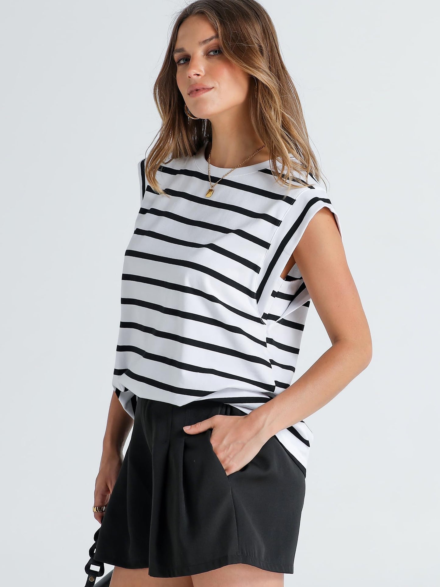 WIHOLL Summer Tops for Women 2024 Dressy Casual Black and White Striped Shirt Cute Clothes Cap Sleeve T Shirts Spring Outfits Tank Top Trendy S