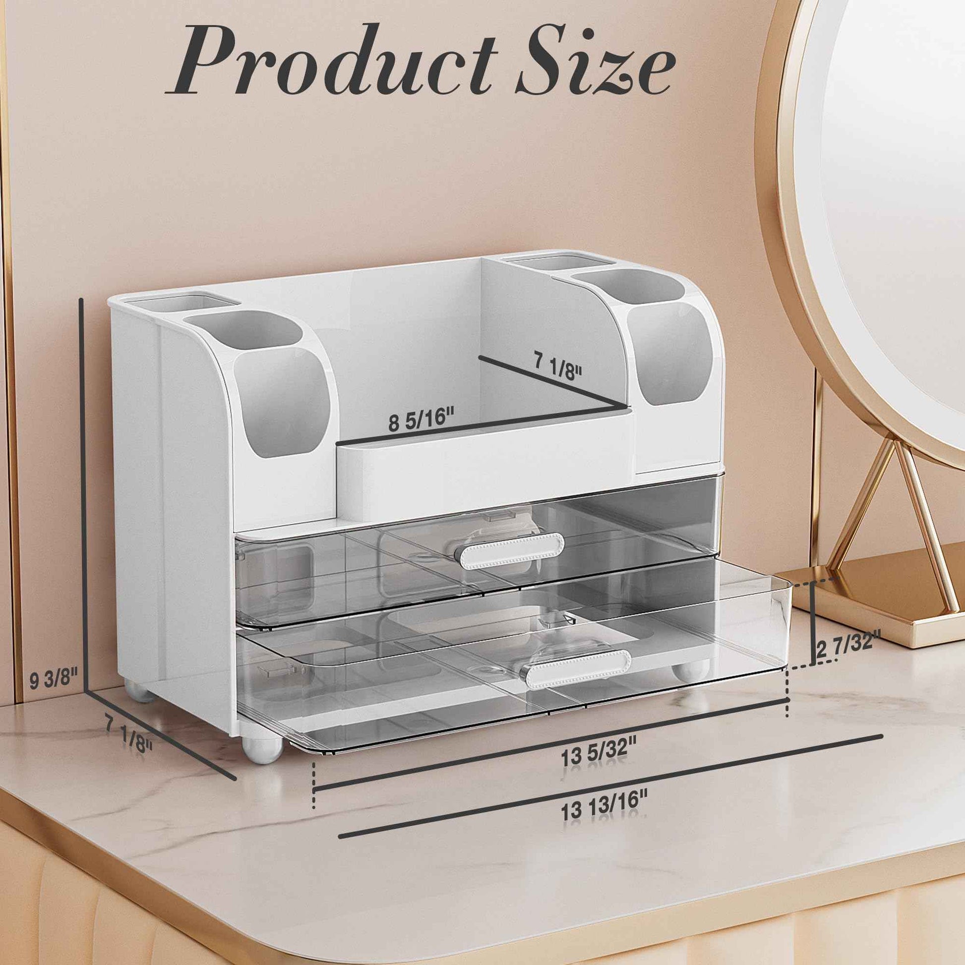 Delamu Makeup Organizer Countertop with 6 Brush Holder, Bathroom Countertop Organizer with 2 Large Drawers, Cosmetic Display Case for Vanity, Ideal Christmas Gifts for Women Girls, Light White