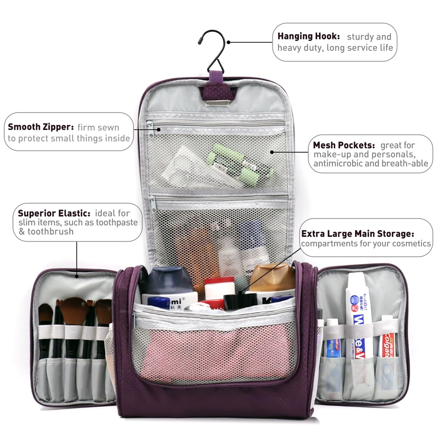 Buruis Large Capacity Toiletry Bag for Women and Men, Hanging Toiletry Organizer Cosmetics Makeup Bag, Water-resistant Dopp kit Shaving Bag for Full Sized Toiletries, Travel Essentials (Purple)