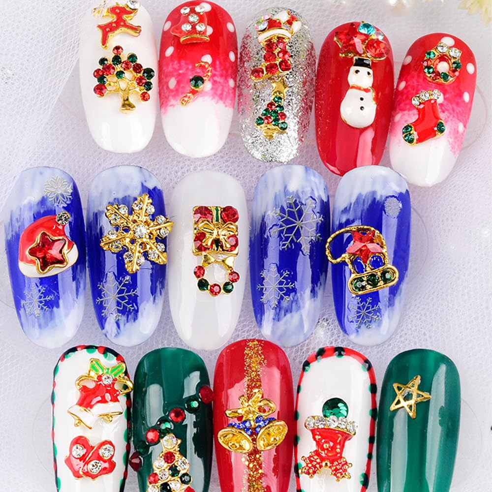 10Pcs Christmas Nail Charms Glitter 3D Crystals Diamonds Rhinestones Metal Alloy Christmas Snowflakes Small Bell Nail Art Charms Gems Design for Women Nail Art Decoration Supplies Craft Jewelry DIY