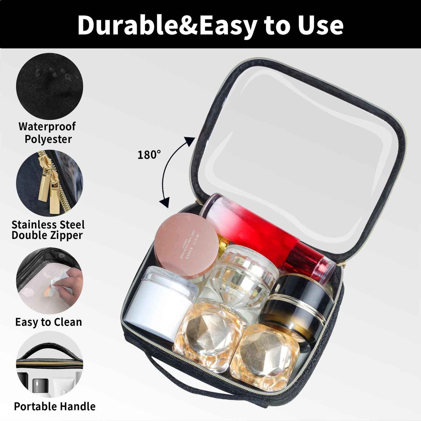 FAYORORY Travel Toiletry Bag,2 Pack Clear Makeup Bags with Handles,180°Opening Clear Cosmetic Bags for Traveling Women,Men,Travel Essentials,Black