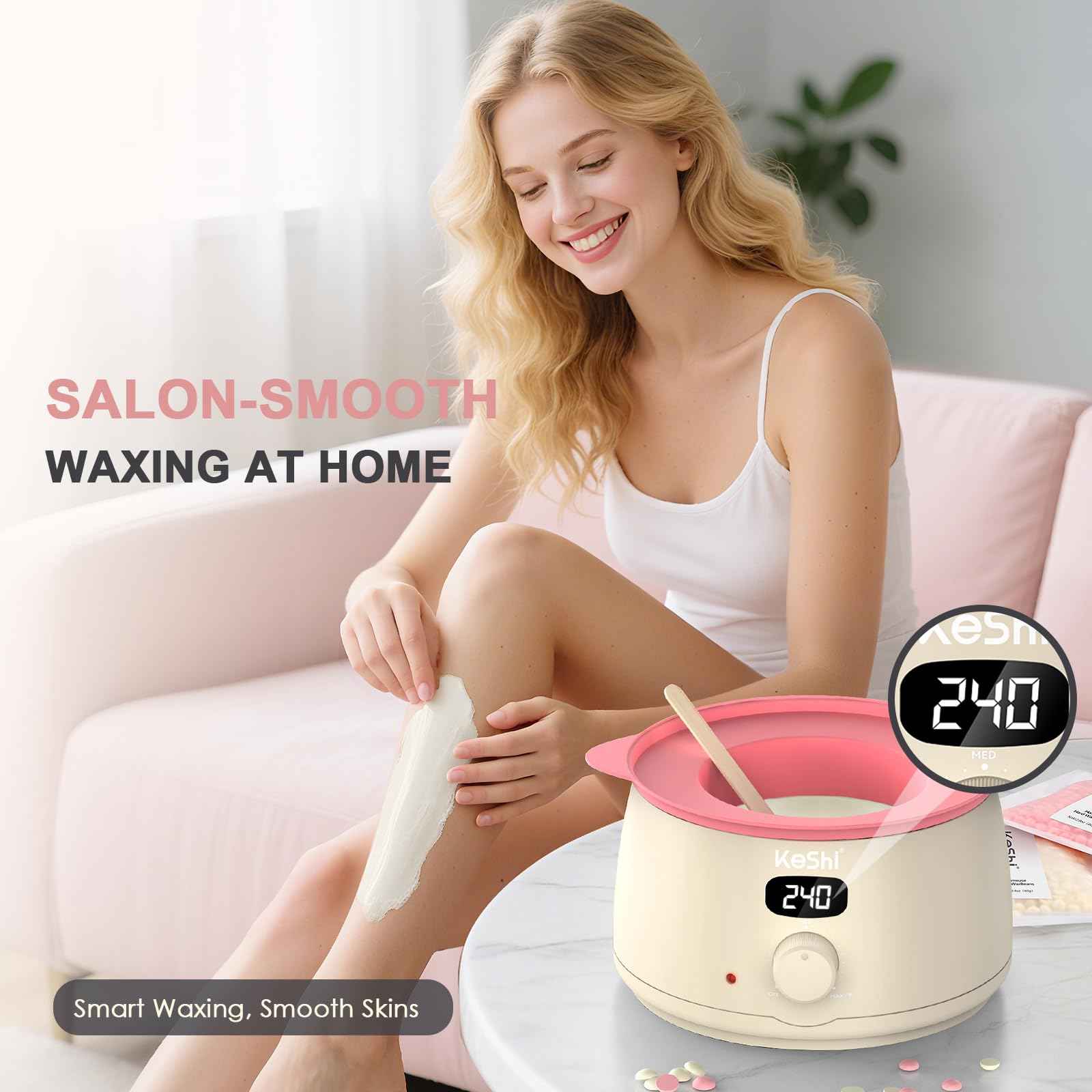 KeShi Waxing Kit for Women and Men, Digital Wax Warmer with 6 Bags Hard Wax Beads, at-Home Hair Removal Wax Kit for Full Body, Face, Eyebrow, Bikini, Legs, Brazilian & Sensitive Skin(Silky Cream)