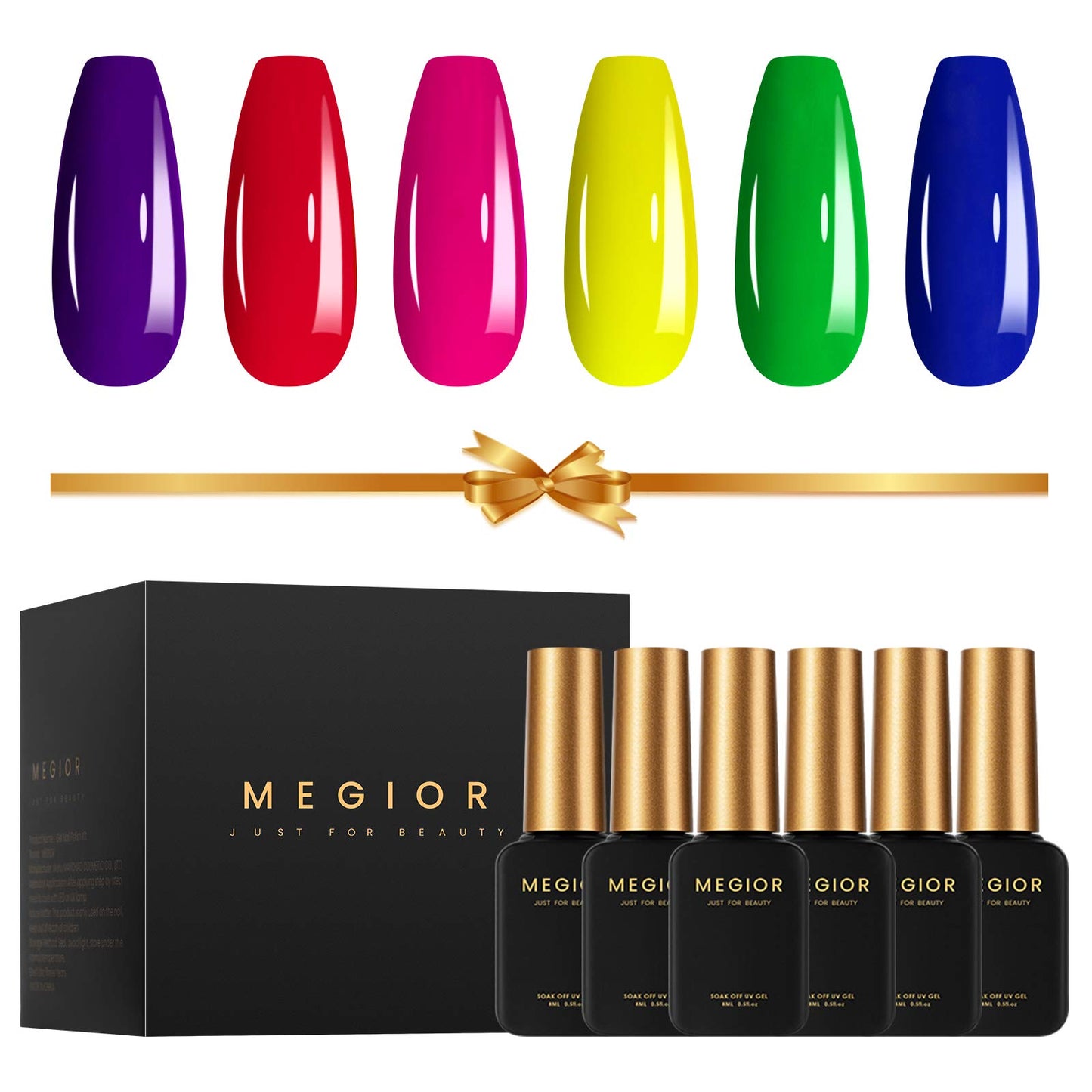 MEGIOR Neon Gel Nail Polish,Gel Nail Polish Set,Neon Purple Red Hot Pink Yellow Green Blue Nail Gel 6 PCS 8ML Gel Nail Polish for DIY Nail Art,Home Use,Friend Gift Box