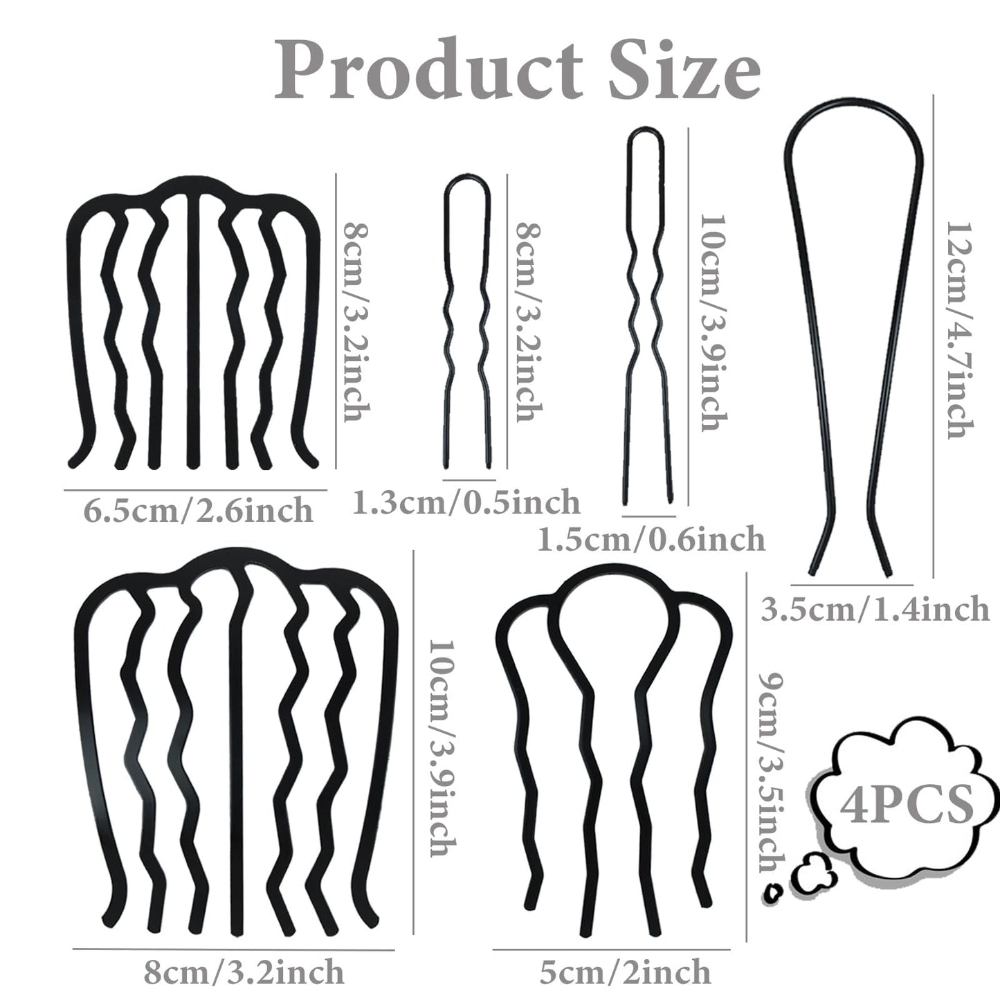 9 Pieces Hair Styling Accessories - Side Combs with 2/4/7 Teeth, U-Shaped Metal Combs, Forks, Clips and Sticks for Hair Styling