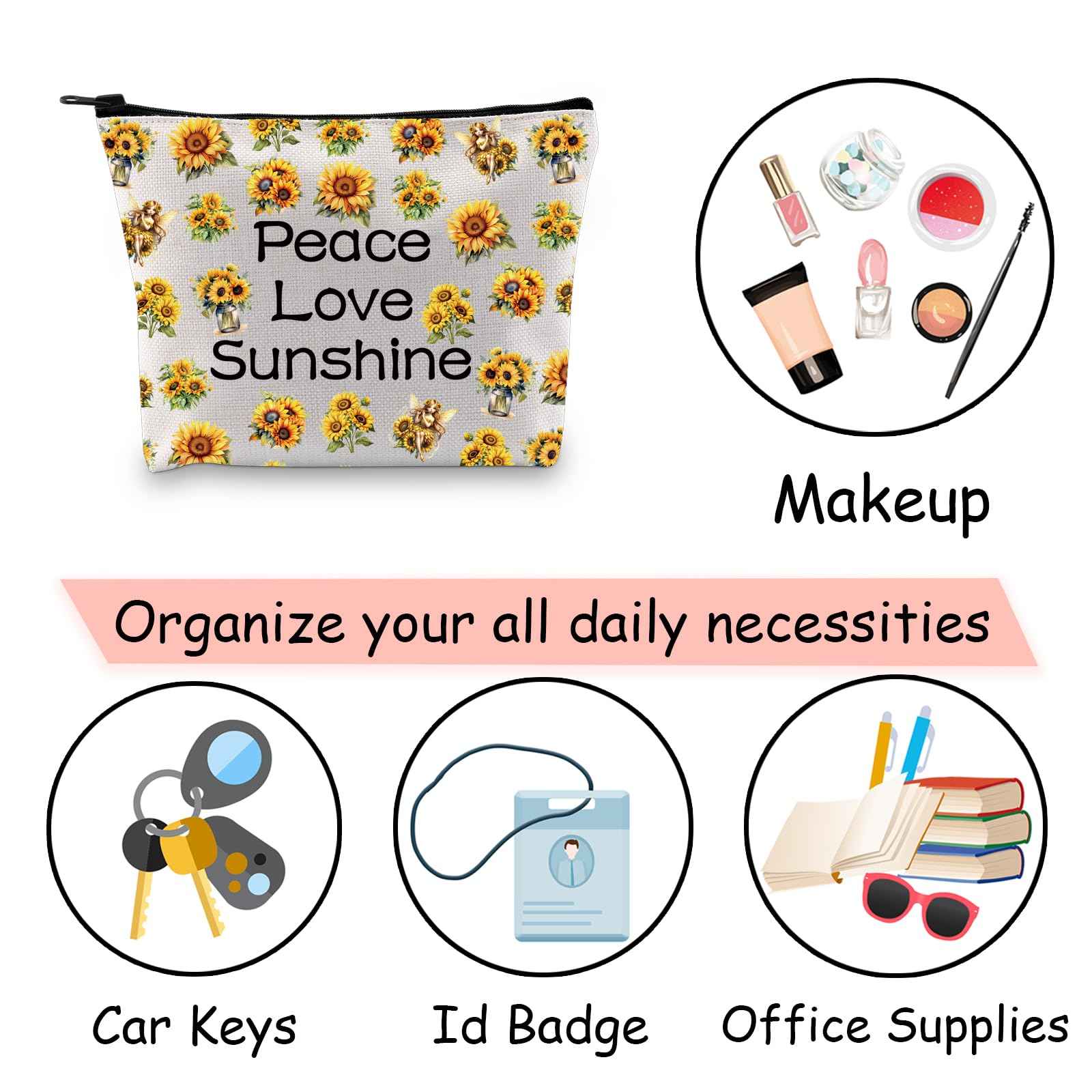 JXGZSO Peace Love Sunshine Make up Bag Sunflower Hippie Cosmetic Bag Sunflower Lover Gift Summer Lover Gift (Peace Love Sunshine Bag)