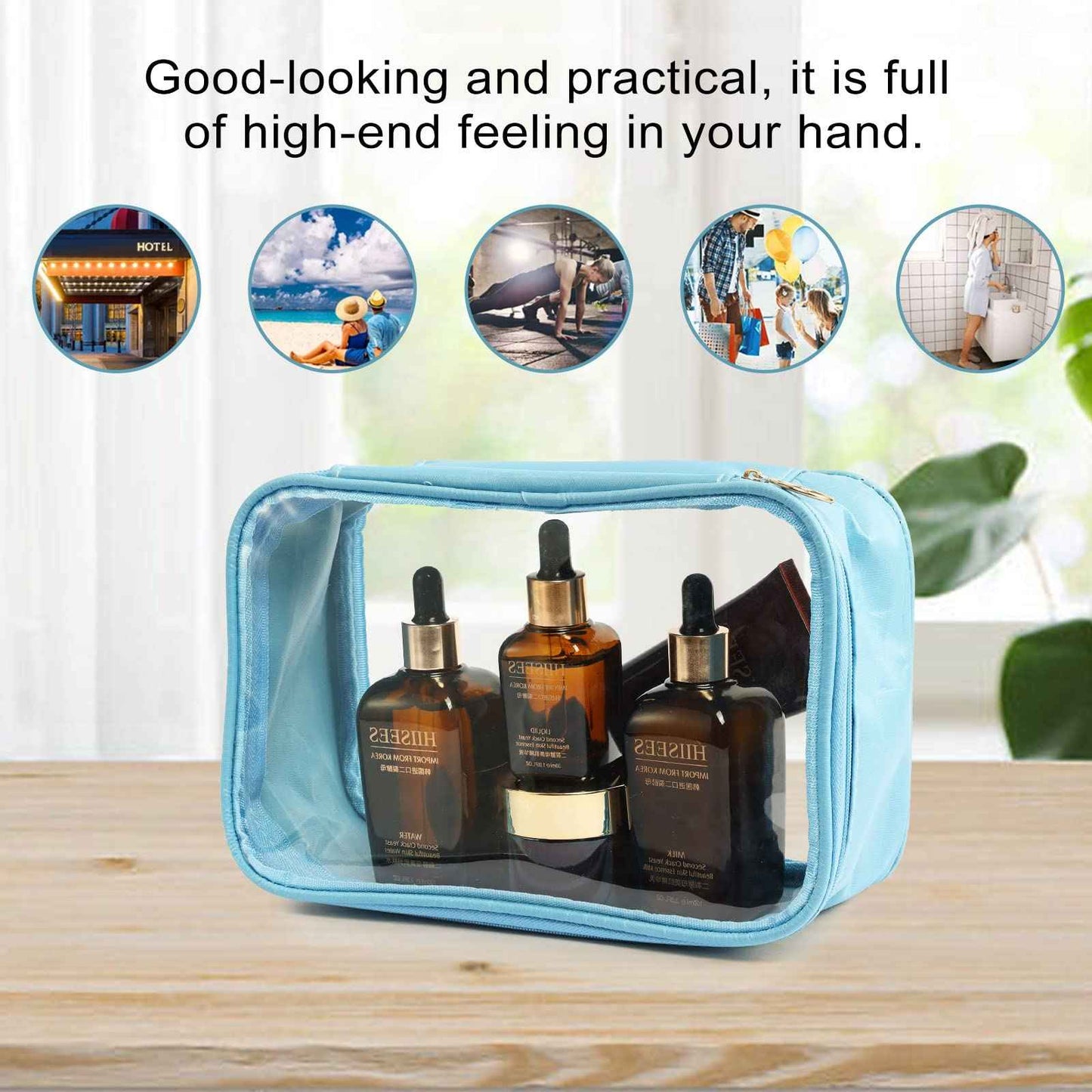 DARIN Clear Toiletry Bag 3Pack TPU Makeup Cosmetic Bag TSA Approved Toiletry Bag, Waterproof Travel Liquid Bag for Air Flight, Clear Travel Carry On Pouch for Women and Men (1L+1M+1S,Clear Blue)