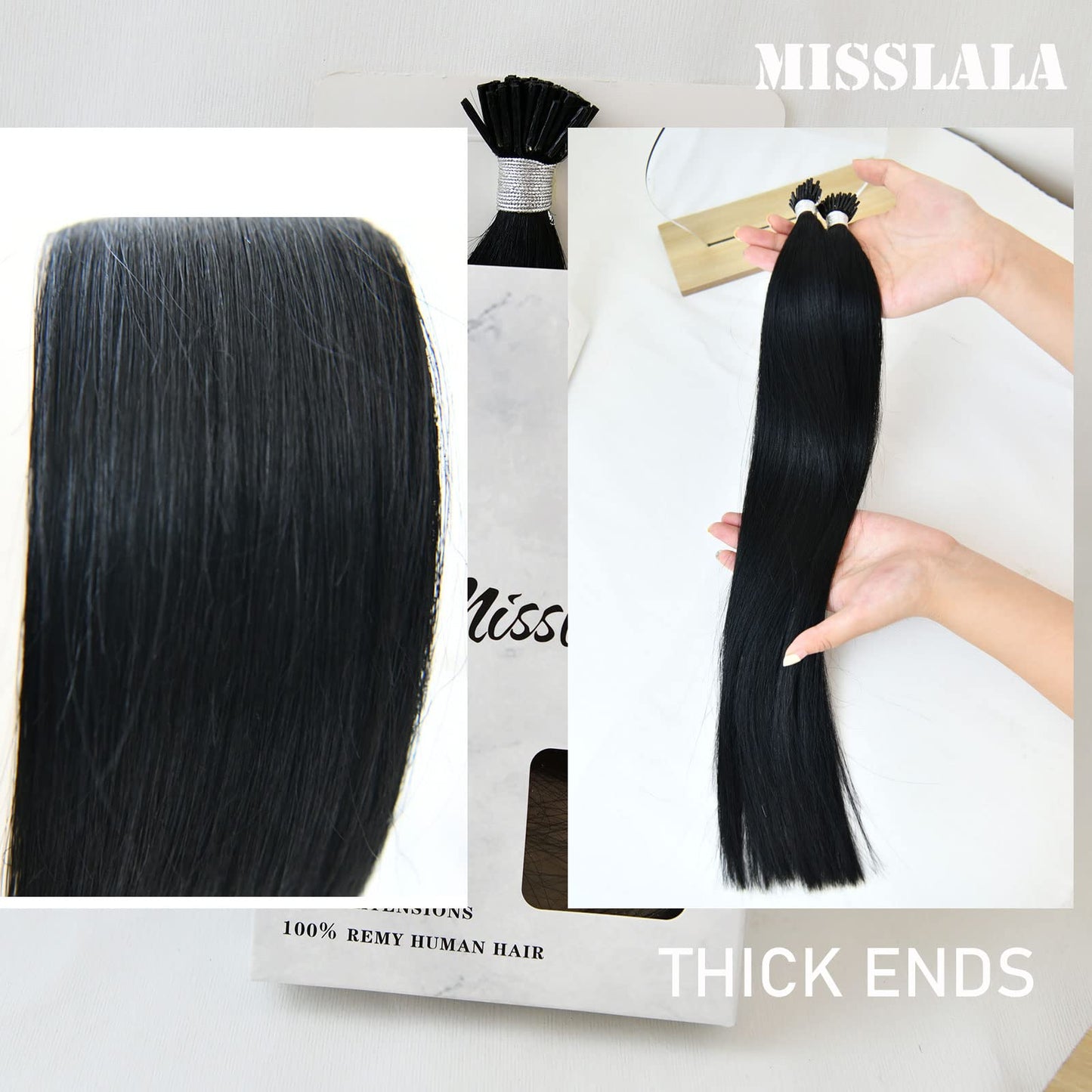 Misslala 16 Inch Itip Human Hair Extensions Keratin Bond Hair Extensions Real Human Hair Itip Color #1 Jet Black Thick Human Hair Bead Hair Extensions Stick Tip 40 Gram/50 Strands