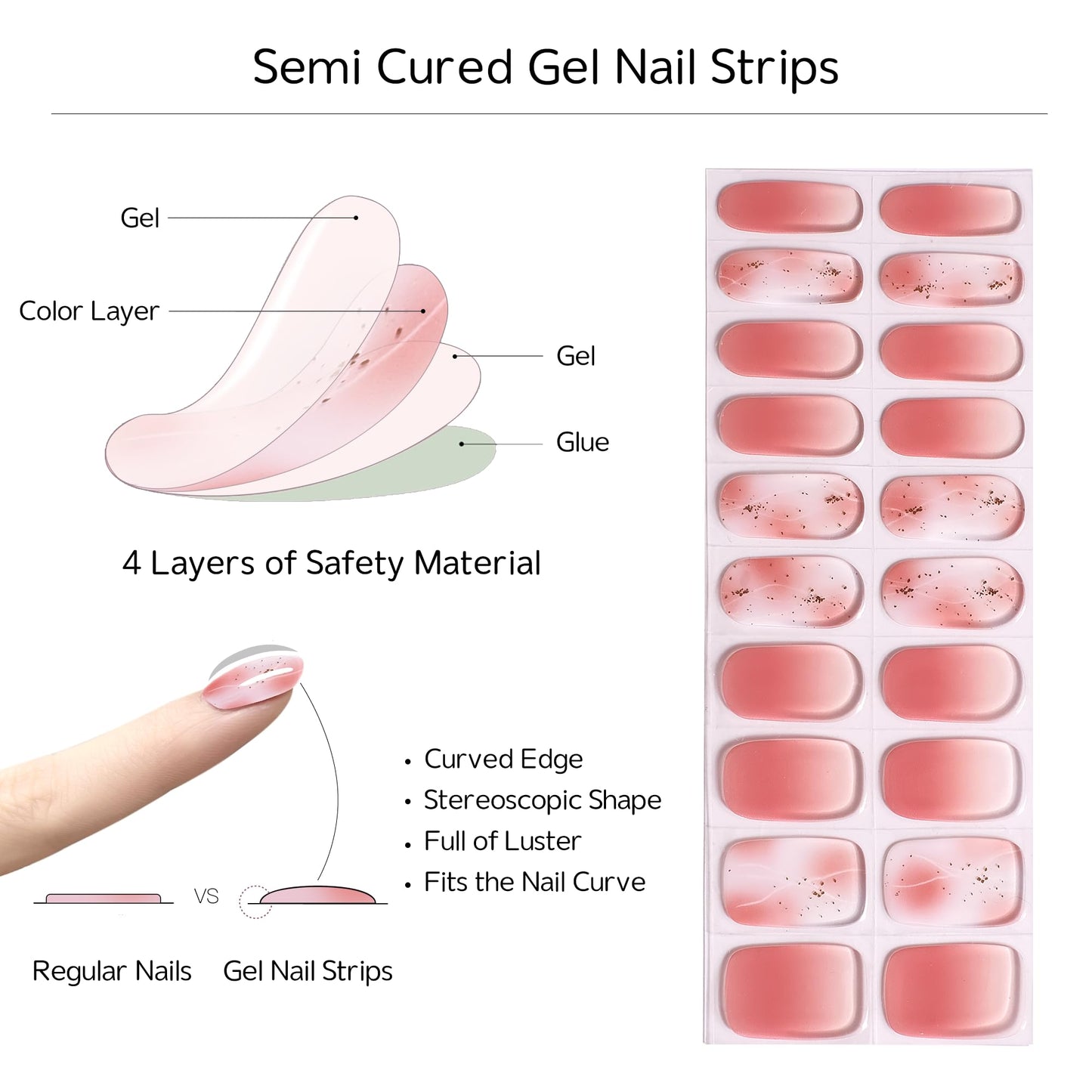 Ekkyo In Semi Cured Gel Nail Strips, Chip Resistant, Easy to Use Gel Nail Strips, Long Lasting 20 Pcs Semi Cured Gel Nail Wraps, Nail Art at Home, Works with Any Nail Lamps, Foil Light Orange