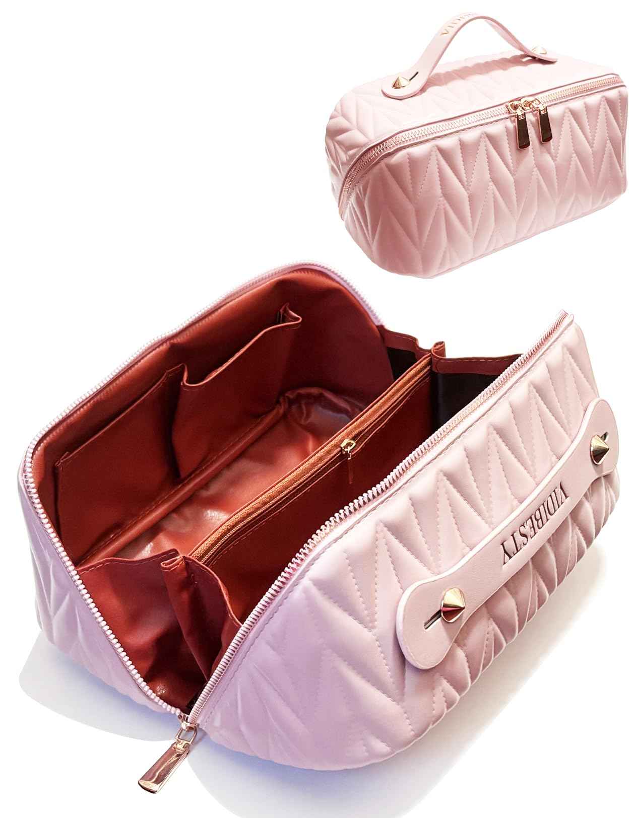 VIDIBESTY Travel Makeup Bag for Women, Large Capacity Cosmetic Bags for Girls, Compact Pouch Make up Organizer, Waterproof Toiletry Bag with Divider and Handle (Pink)