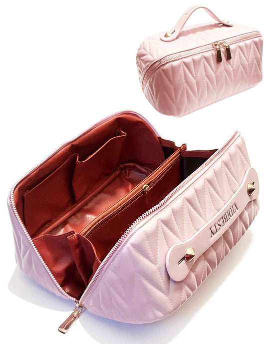 VIDIBESTY Travel Makeup Bag for Women, Large Capacity Cosmetic Bags for Girls, Compact Pouch Make up Organizer, Waterproof Toiletry Bag with Divider and Handle (Pink)
