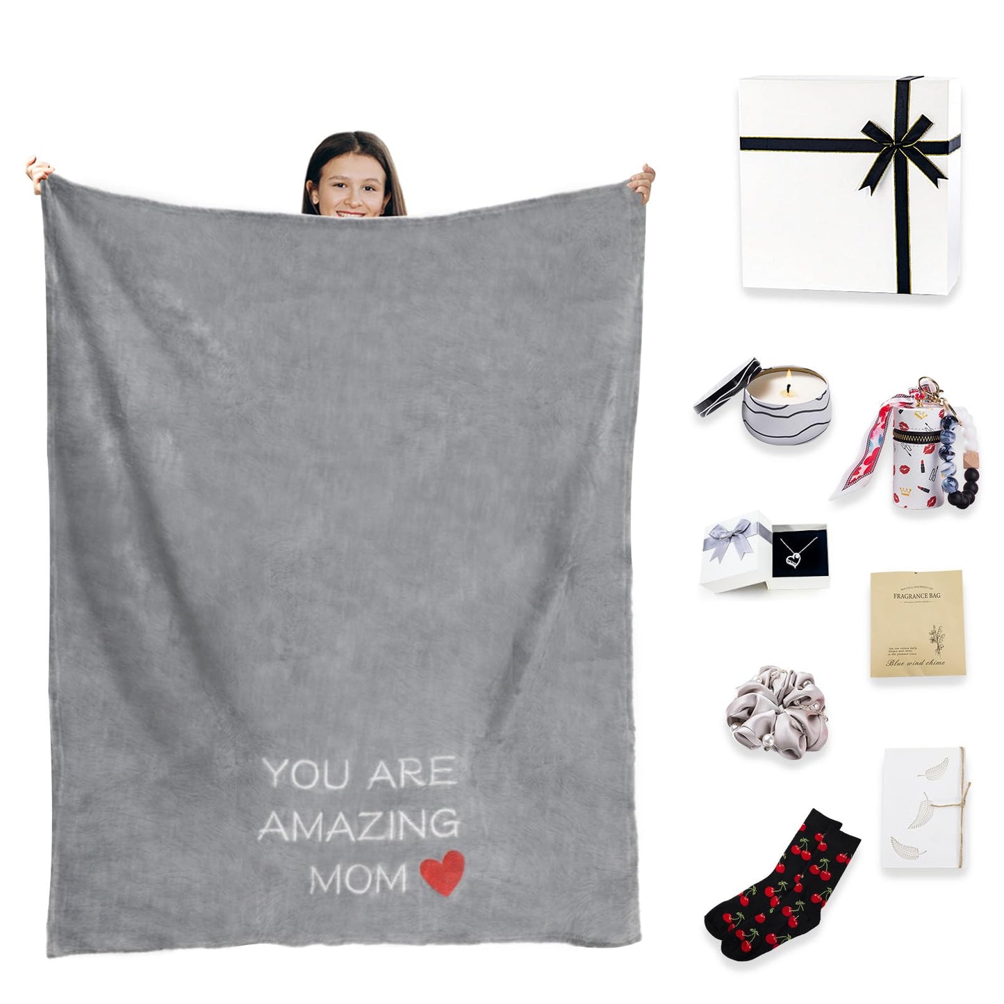 Get Well Soon Gifts for Women, Gifts for Mom, Get Well Gifts for Best Mom Grandma Wife Friendship, 8pcs Care Package with Luxury Flannel Blanket, Aromatherapy Candle, necklace, lipstick bracelet bag