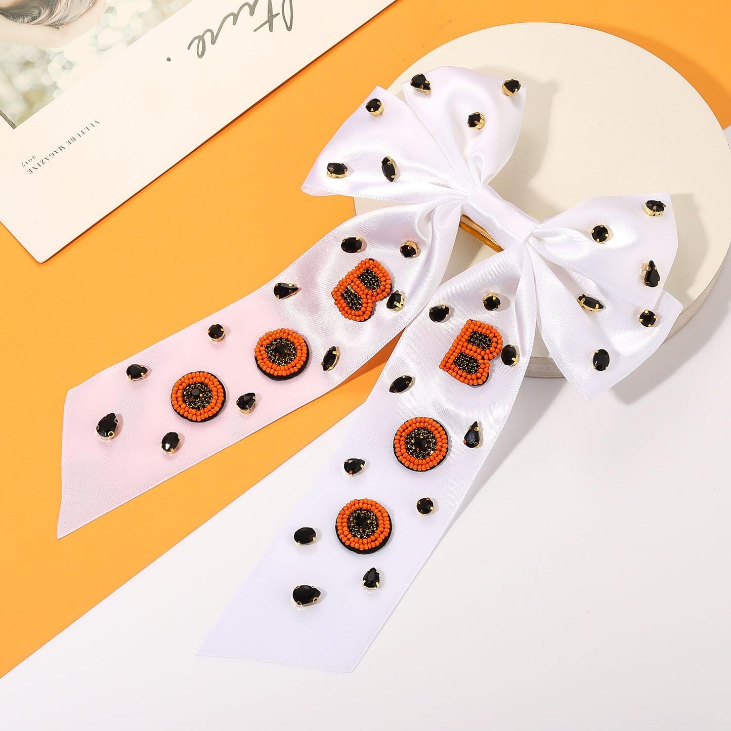 Halloween Hair Bows Boo Hair Bow Clips for Women Jeweled Halloween Cheer Bows Big Ribbon Hair Bows Barrettes Halloween Hair Clips Boo Accessories Halloween Outfits Party Favors (Pattern A2)