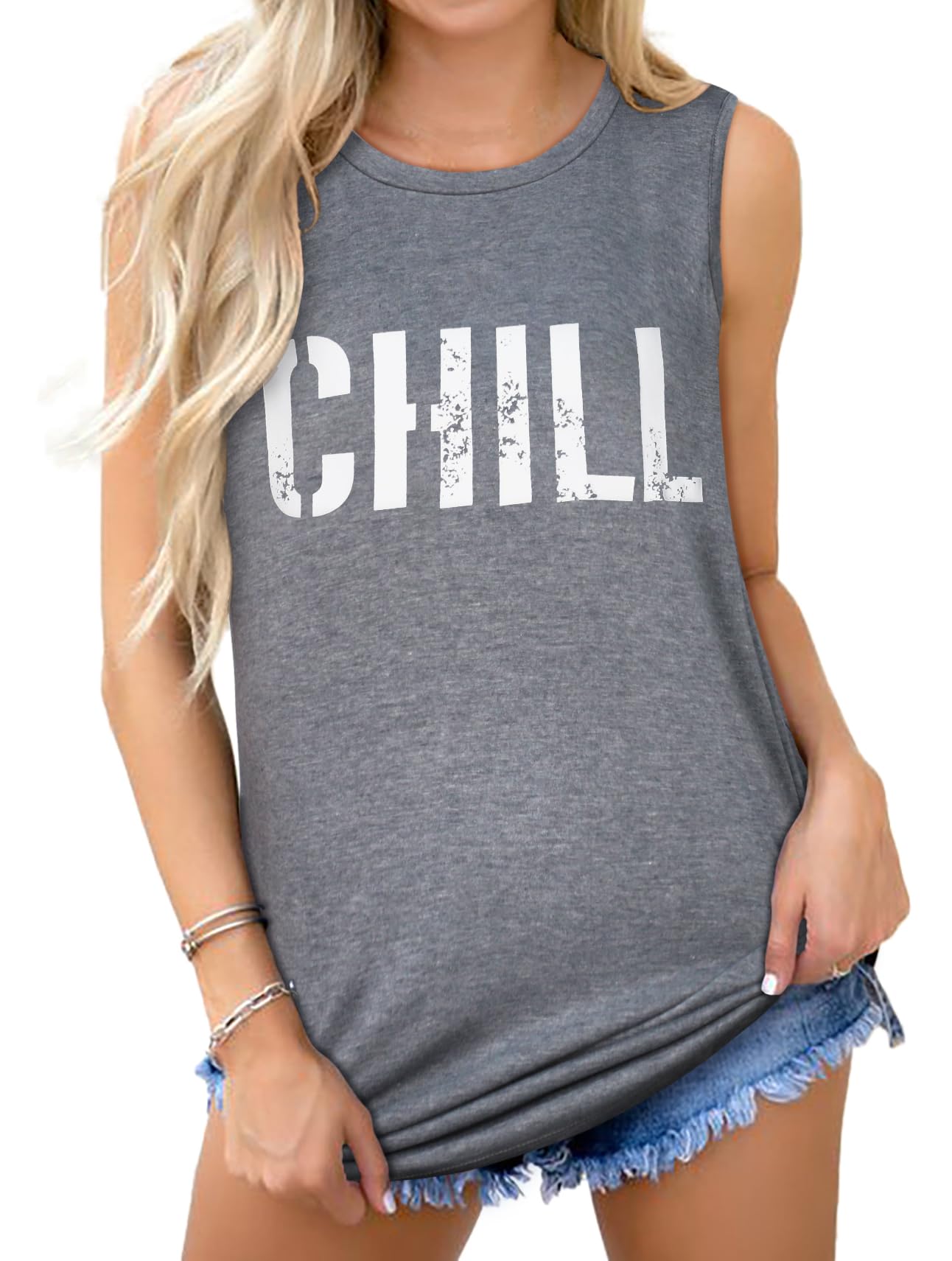 Womens Summer Tops Sleeveless Casual Loose Fit Graphic Blouses(Grey Letters, S)