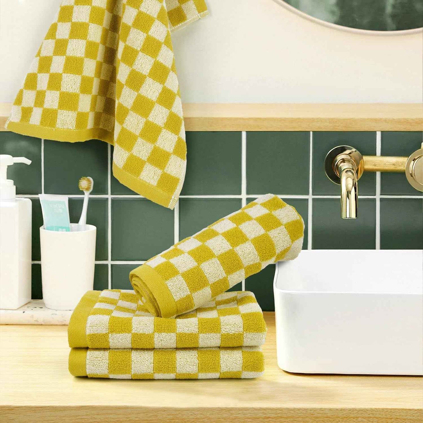 Super Soft Wash Cloths(Mustard Yellow Checkered), 12 Pack Washcloths Facecloth, Cotton Face Towels Set for Body Showering 13x13 Inches, Gifts