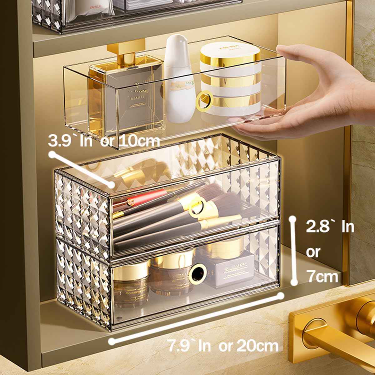 MORNITE 2-Tier Stackable Medicine Cabinet Organizer Drawer with Removable Dividers, Clear Plastic Bathroom Storage Drawers for Vanity, Countertop, Wall Cabinet Home Organization