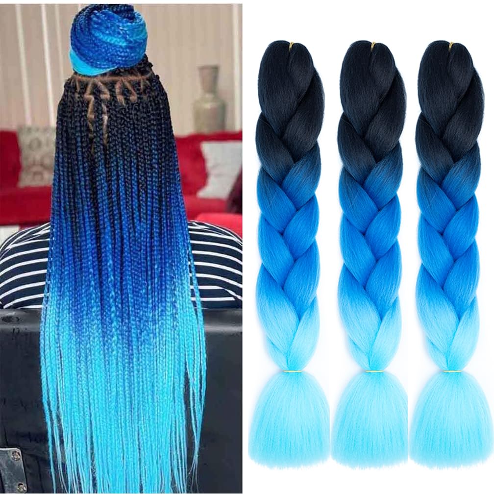 Braiding Hair Ombre Blue 24 Inch Kanekalon Braid Hair Extensions Hot Water Setting High Temperature Synthetic Fiber(C9-3Packs)