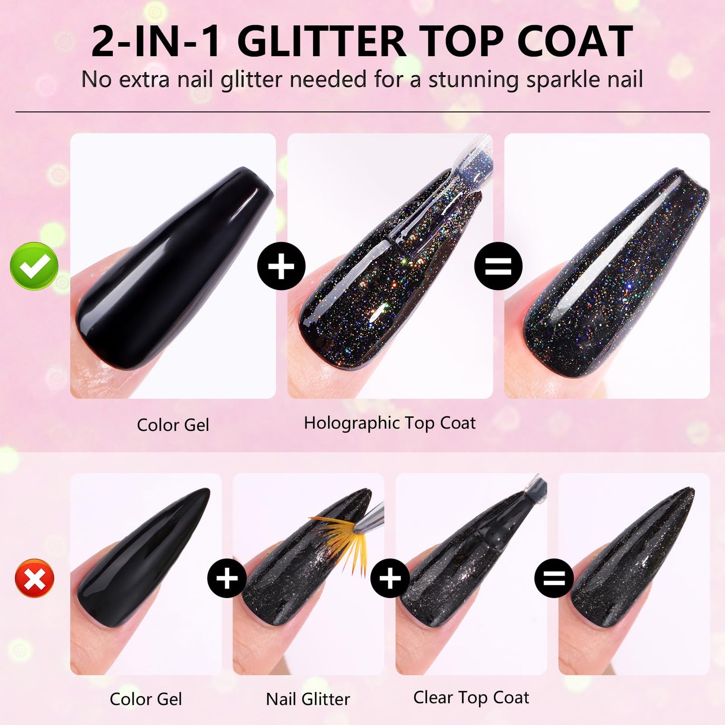 Makartt Glitter Gel Top Coat, No Wipe Gel Top Coat Nail Polish 15ML, High Gloss Gel Top Coat for Acrylic Nails Soak Off Holographic Gel Top Shiny Finish Long Lasting for Nail Salon & Home DIY