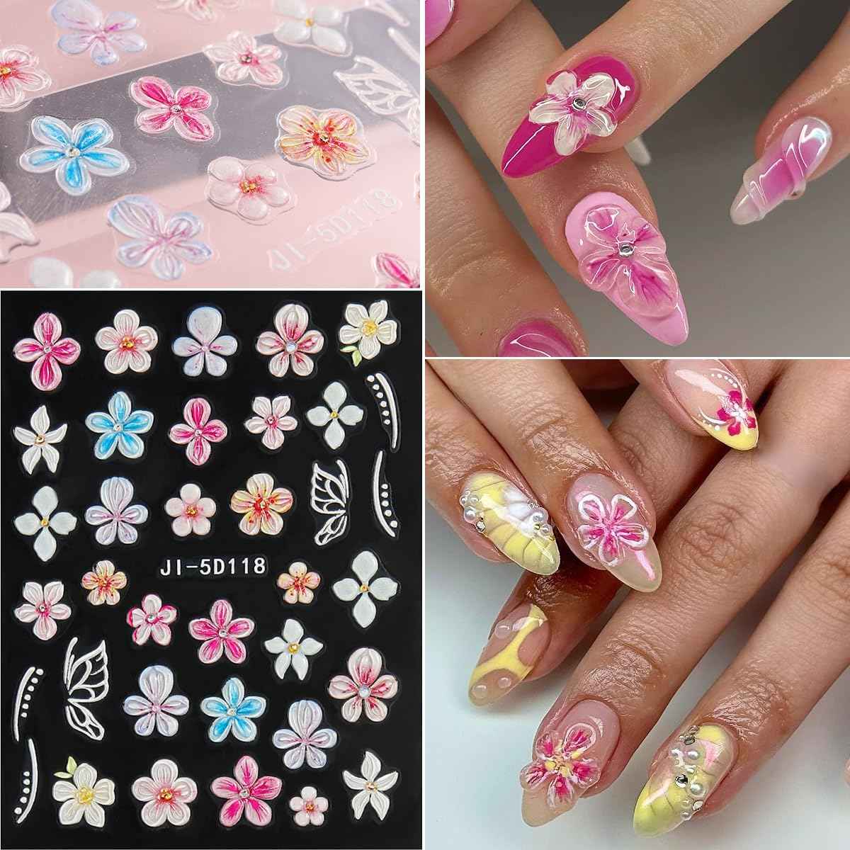 Fcozpjk Flowers Nail Stickers 4 Sheets 5D Embossed Floral Nail Decals, Summer Neon Nail Design, 3D Acrylic Engraved Hibiscus Flowers Rose Butterfly Stickers for Nail Art Pegatinas Uñas