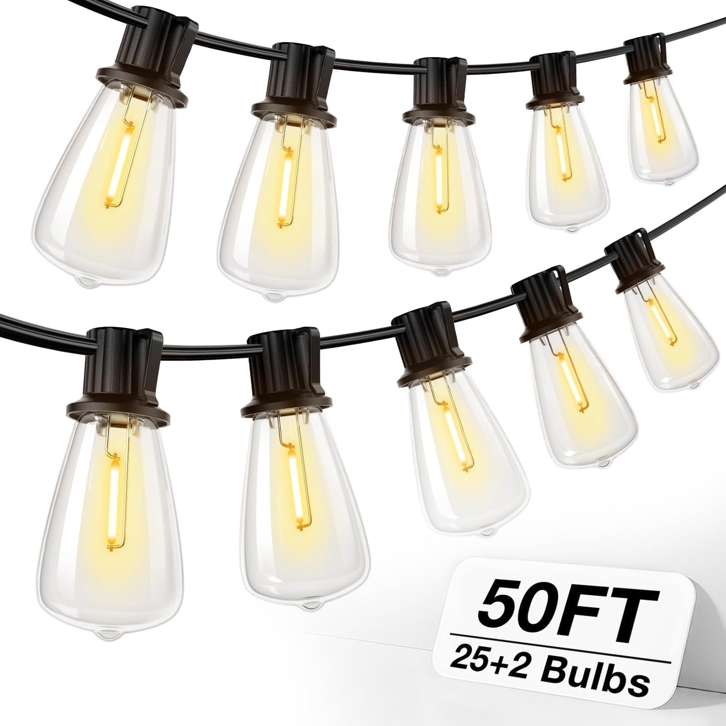 addlon 50FT LED Outdoor String Lights Waterproof Patio Lights with 27 Shatterproof ST38 Replaceable Bulbs(2 Spare), Dimmable Outside Hanging Lights Connectable for Porch, Backyard, 2200K Warm Yellow