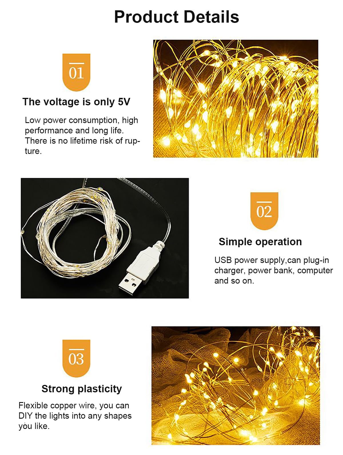 Sokelinn-six 2m 20 LEDs Fairy String Lights, USB Powered String Light for Desk Office Christmas Tree Party Decoration (Warm, 5)