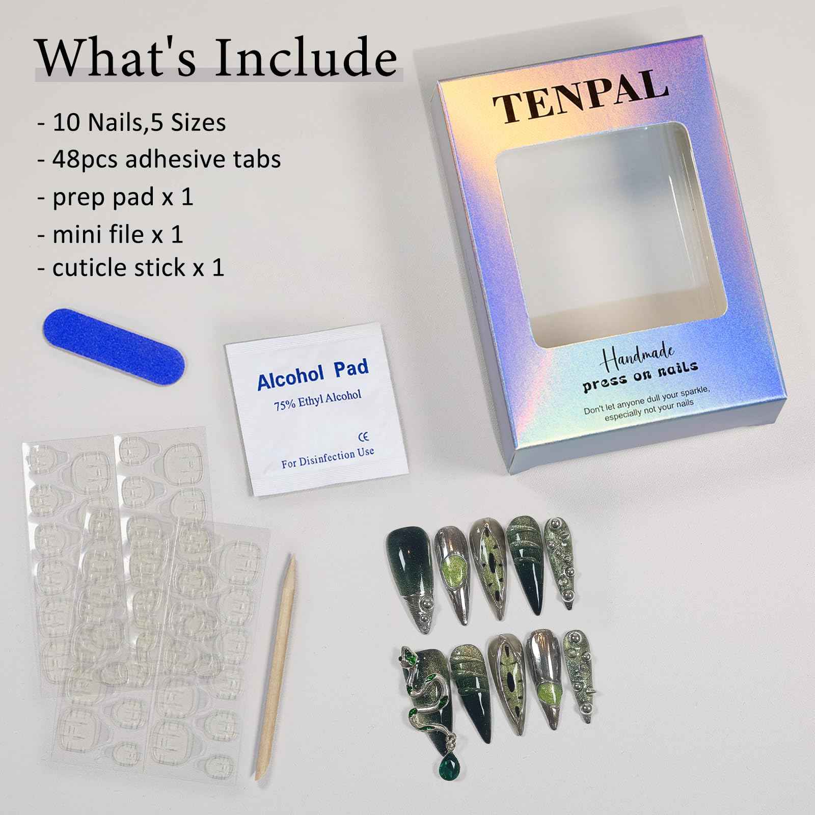 TENPAL Long Stiletto Press on Nails,Gothic Punk Green Cat Eye Nails Glow & 3D Snake with Gem,Black Silver Metallic Fake Nails Kits,10pcs Soft Gel False Nails with Steel Bead for Party Gifts(S)