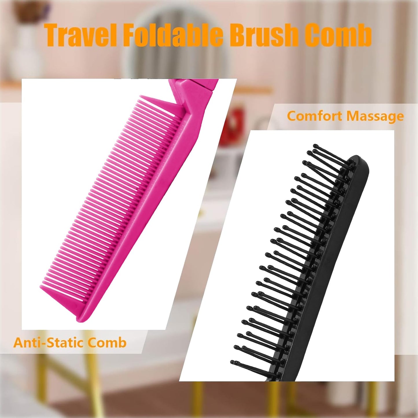 Qjaiune Hair Comb, 6PCS Travel Foldable Plastic Brush Comb Portable Folding Hairdressing Tools, Anti-Static Hair Comb Mini Pocket Comb for Men Women (Black & Hot Pink)