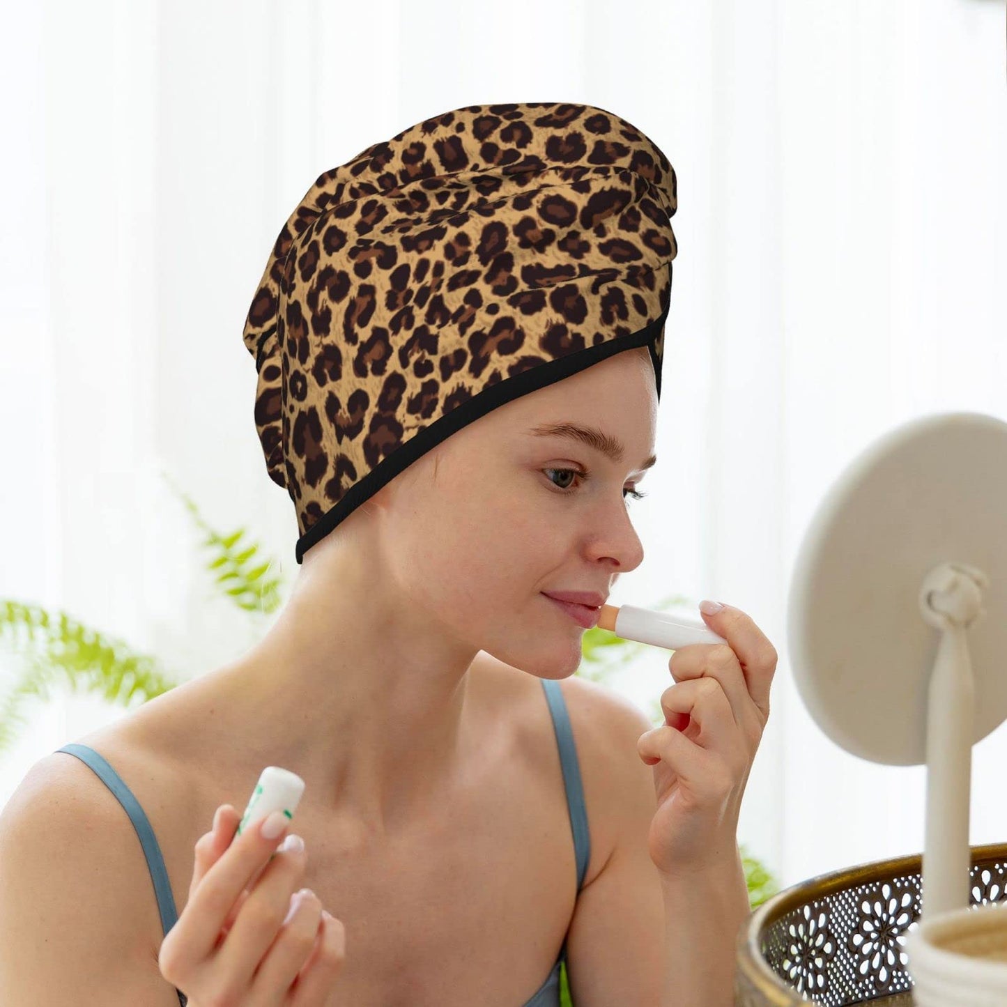 famliihw Leopard Hair Towel Wrap Microfiber Fast Drying Hair Turban with Buttons for Women Men Drying Curly, Long & Thick Hair