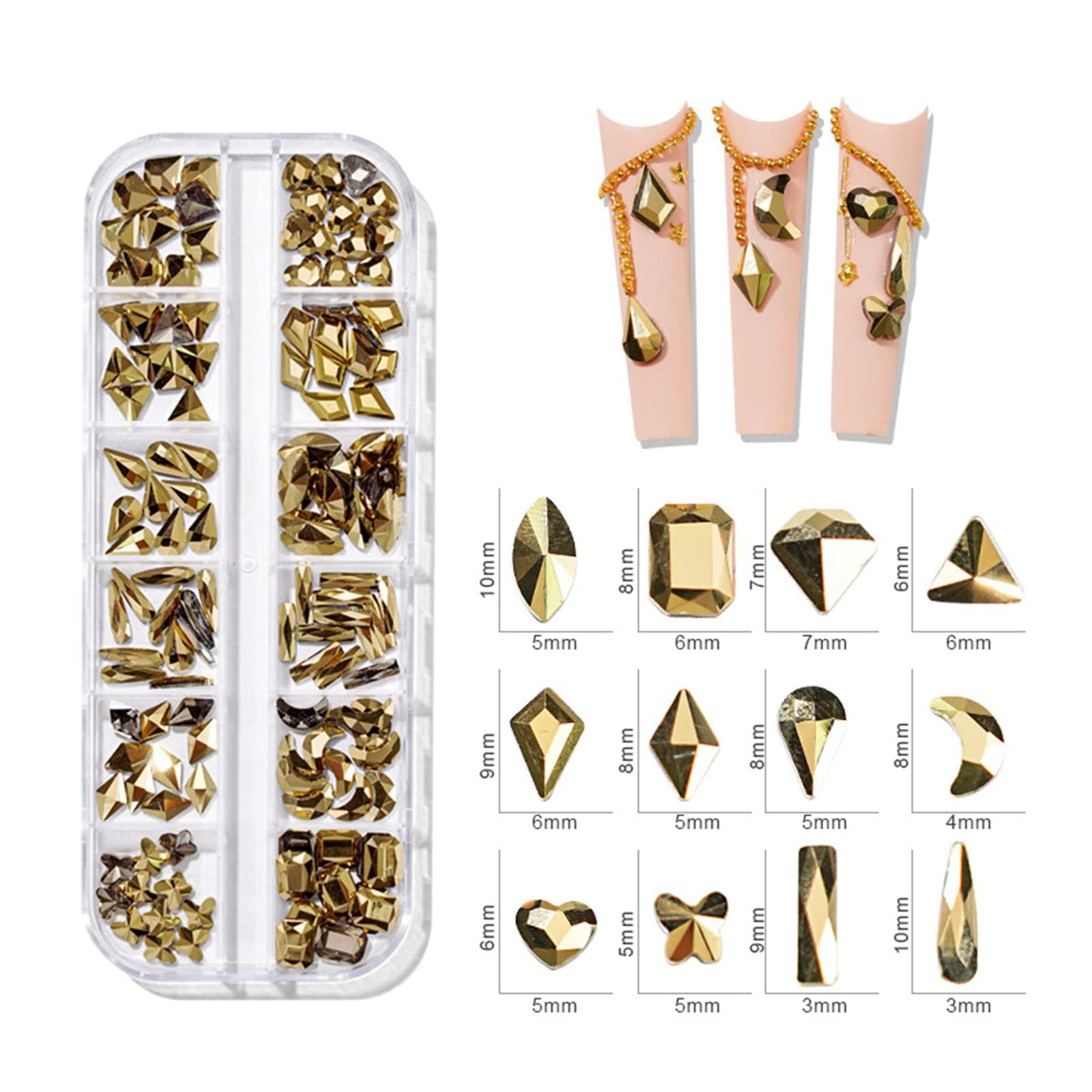 QEZEZA Nail Art Rhinestones Kit, Rhinestone Nail Face Gems, Nail Art Ab Flatback Rhinestones Gems Stones with Storage Organizer Box, (1.5mm - 10mm) 1000PCS 12 Sizes - Gold