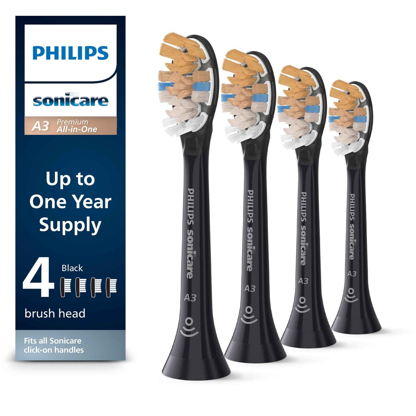 Philips Sonicare A3 All-in-One - Genuine Replacement Electric Toothbrush Heads, Black, 4 Pack One Year Supply, HX9094/95
