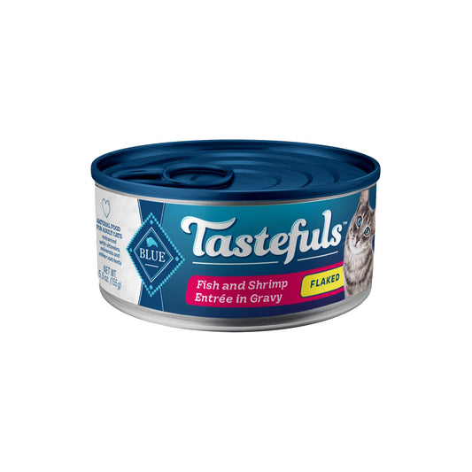 Blue Buffalo Tastefuls Flaked Wet Cat Food, Made with Natural Ingredients | Fish and Shrimp Entrée in Gravy, 5.5-oz. Cans (24 Count)