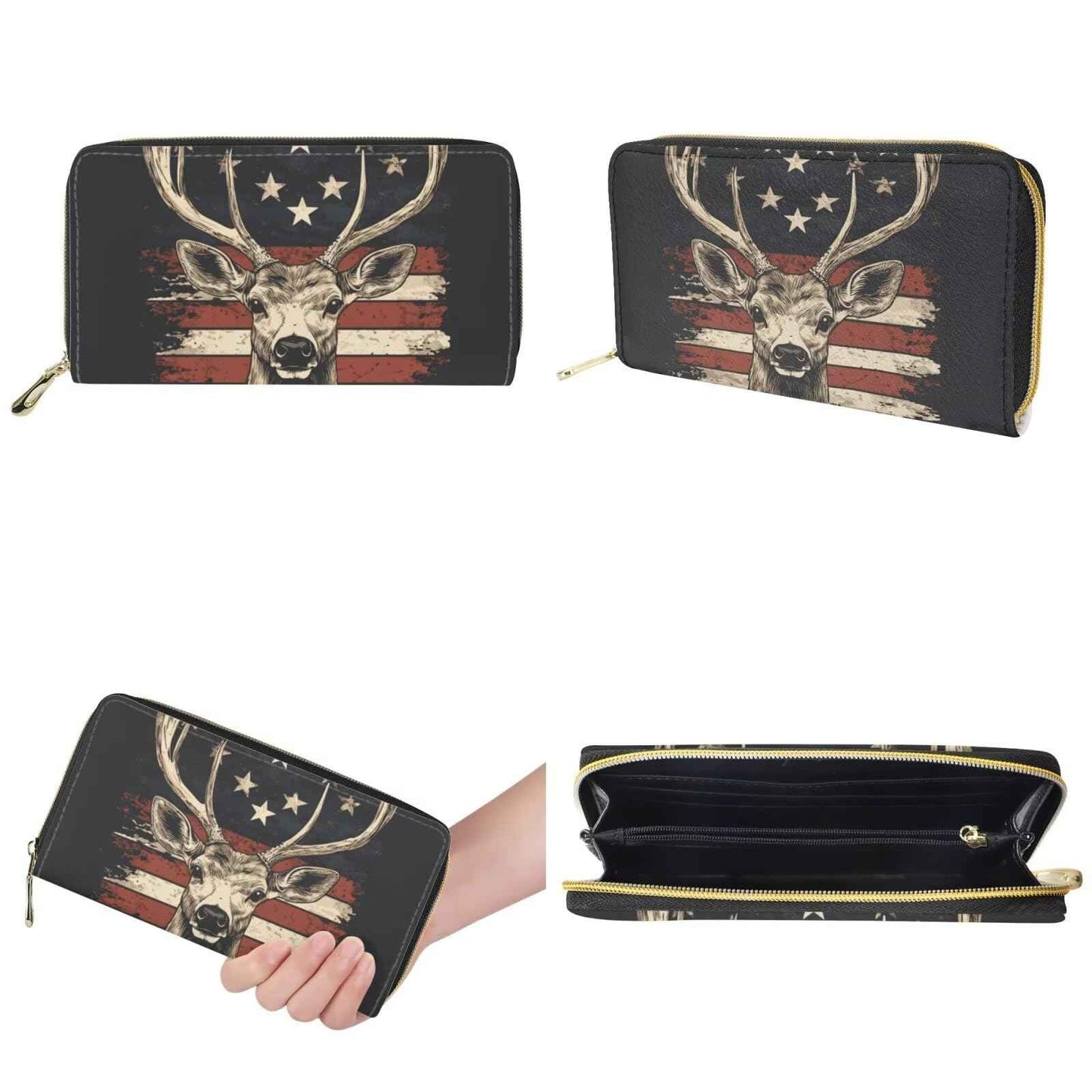 GIFTPUZZ American Flag Deer 3 Pcs Large Handbags for Women with Zipper Travel Wallets, Large Capacity Top-Handle Bags, PU Leather Purse Clutch Bag Portable Cosmetic Case