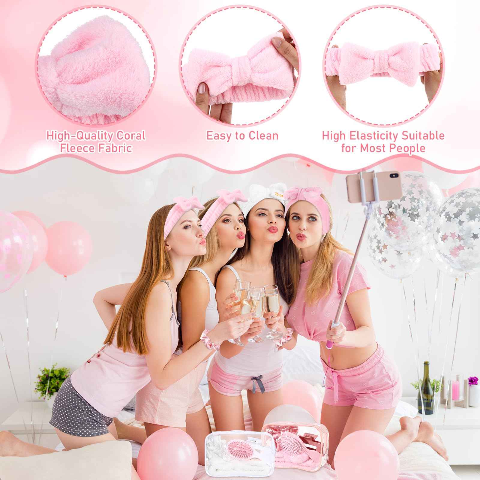 Wavyknot 40 Pcs Bachelorette Favor Set Include Headband Scrunchies Hair Claw Clips Hairbrush and Makeup Bag for Bridal Shower Party Gifts Bridesmaid Wedding Supplies (White and Pink)