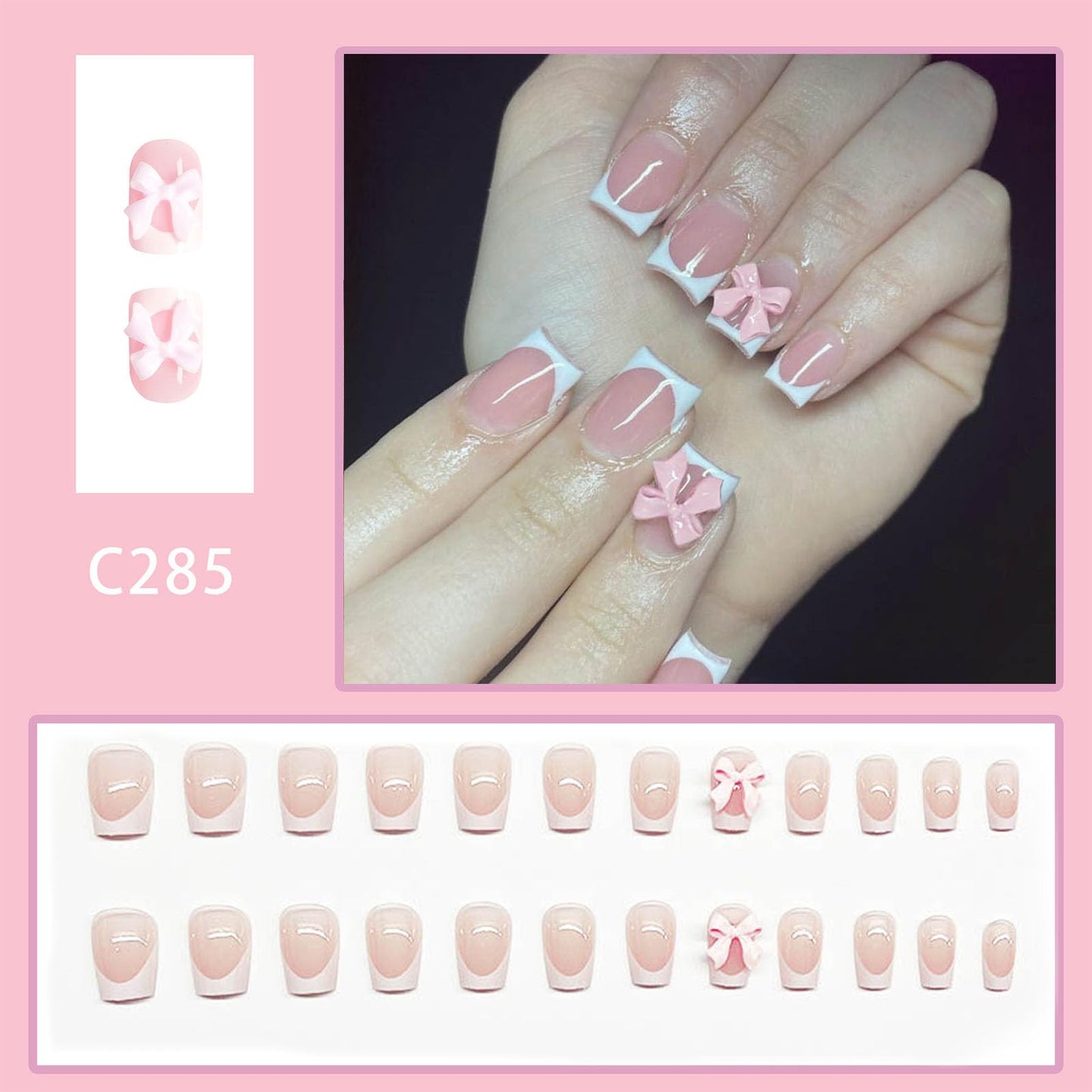 Square Press on Nails Short Fake Nails White French Tip Glue on Nails Transparent Pink Bow False Nails Press ons Acrylic Stick on Nails for Women Girls 24 Pcs