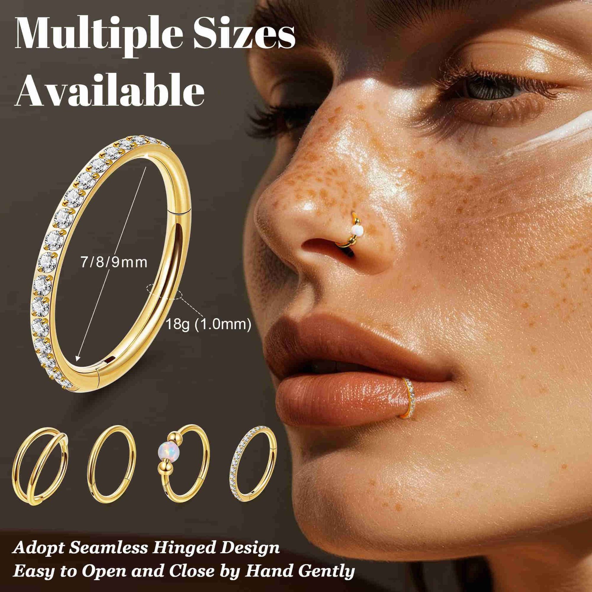 Masedy 4PCS 18G Surgical Steel Nose Ring Hoop for Women Men Hinged Double Nose Hoop CZ Opal Clicker Septum Nose Hoops Cartilage Conch Tragus Rook Ring Lip Daith Piercing Jewelry Gold Silver 7-9MM (Gold, 18G-8mm (Top Pick))