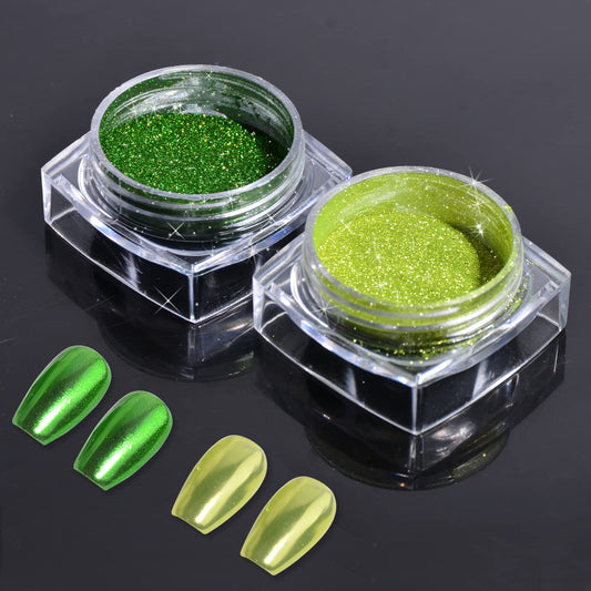 Green Chrome Nail Powder, 2 Jars Nail Art Magic Mirror Powder Chrome Pigment Powder Green Apple Raisins Chrome Nail Powder Manicure Tips with Sponge Applicators