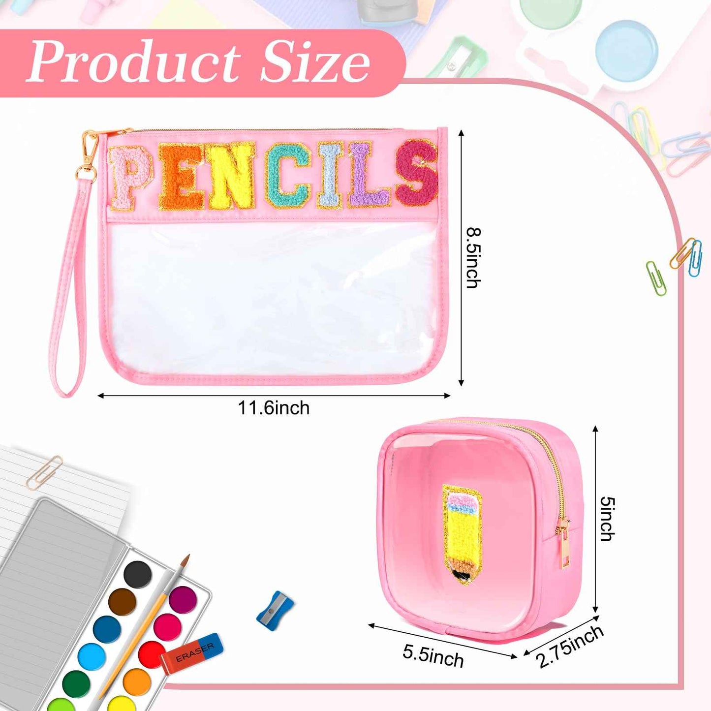 SOIDRAM 2 Pcs Bags Clear Chenille Letter Pouch Travel Bag Zipper Nylon Makeup Bag Organizer Cosmetic Pouch Toiletry Bag Waterproof Travel Gifts for Teacher