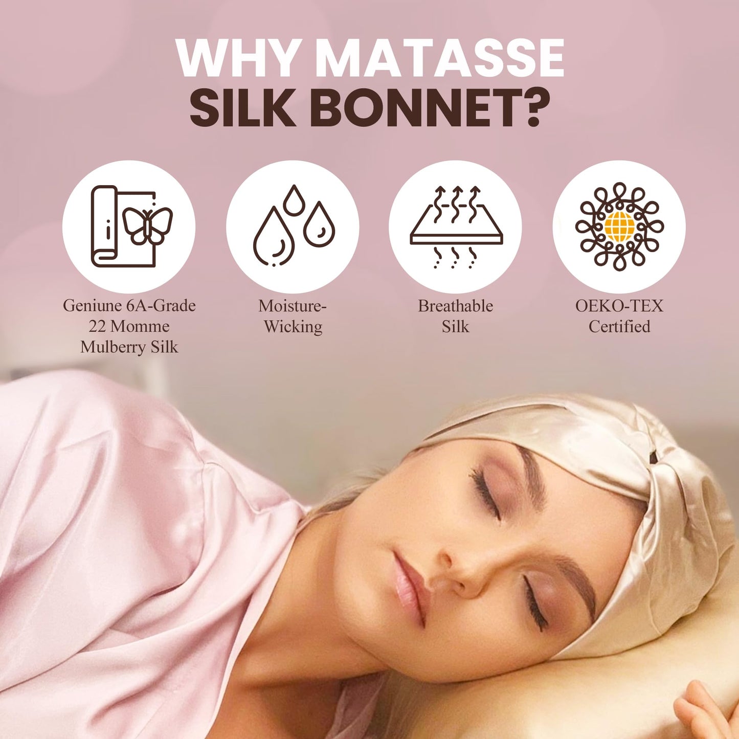 MATASSE Silk Bonnet for Sleeping - Adjustable Bonnet for Curly and Straight Hair, 22 Momme Silk Sleep Cap, Real Mulberry Silk on Both Sides, Bonnets for Women (Champagne)