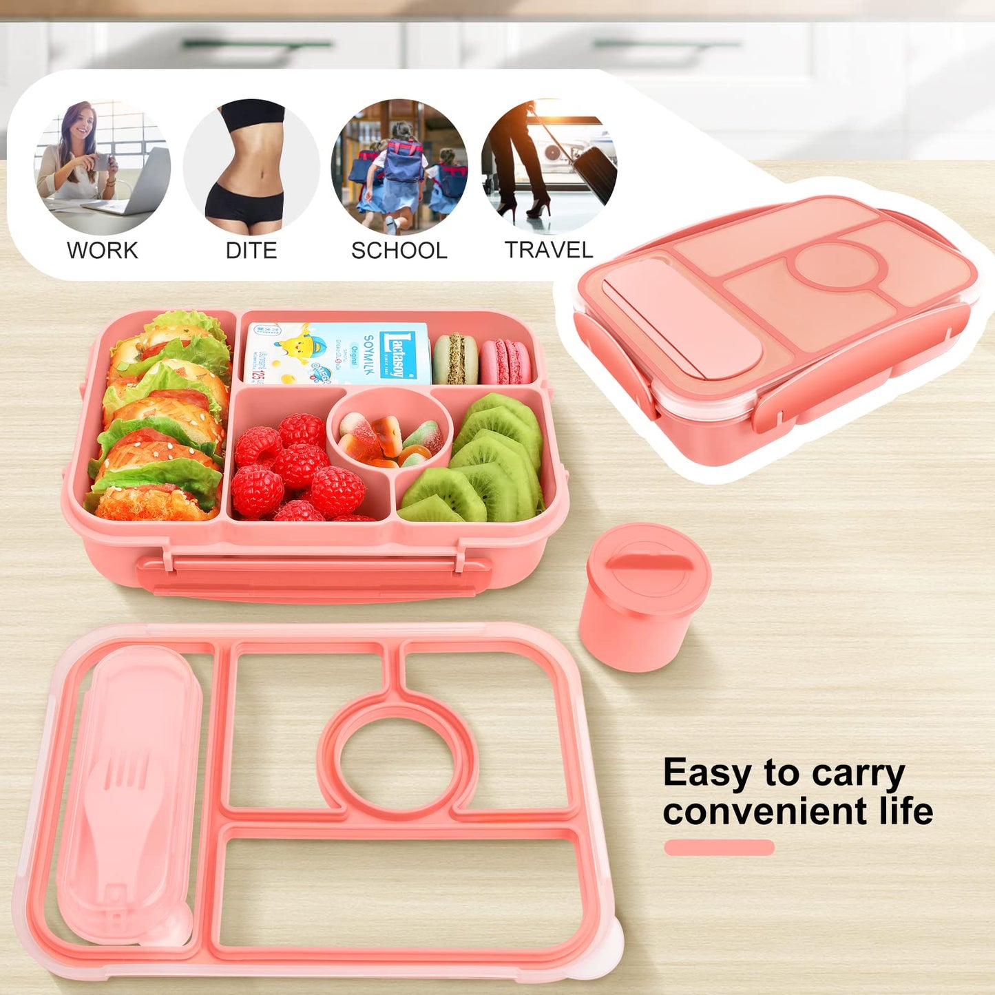 Demiue Lunch Box Kids,Bento Box Adult Lunch Box,Lunch Containers for Adults/Kids/Toddler,5 Compartments Bento Lunch Box with Sauce Vontainers,Microwave & Dishwasher & Freezer Safe(Pink)