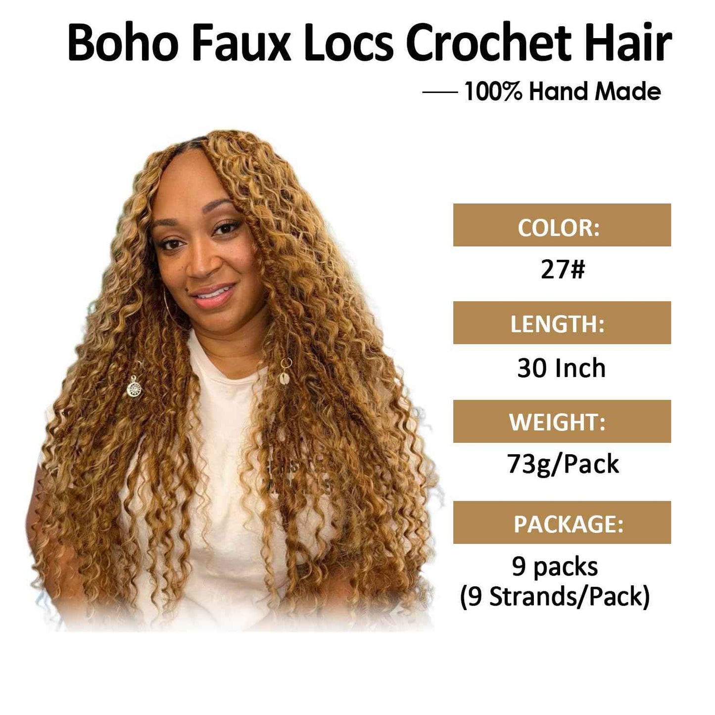 9 packs Boho Faux Locs Crochet Hair, 30 Inch, Honey Blonde Pre Looped Goddess Soft Locs Crochet Hair with Curly Ends, Bohemian River Locs for Black Women(27#, 30 Inch)