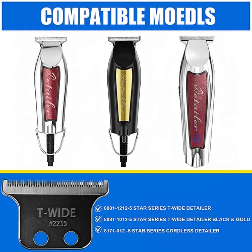 2PCS 2215 Replacement T Wide Blades Compatible with Wahl 5 Star Detailer Li Trimmer(8081) and (8171) - Adjustable Stainless-steel Zero-Gap Trimmer Blade ((2PCS-Black)