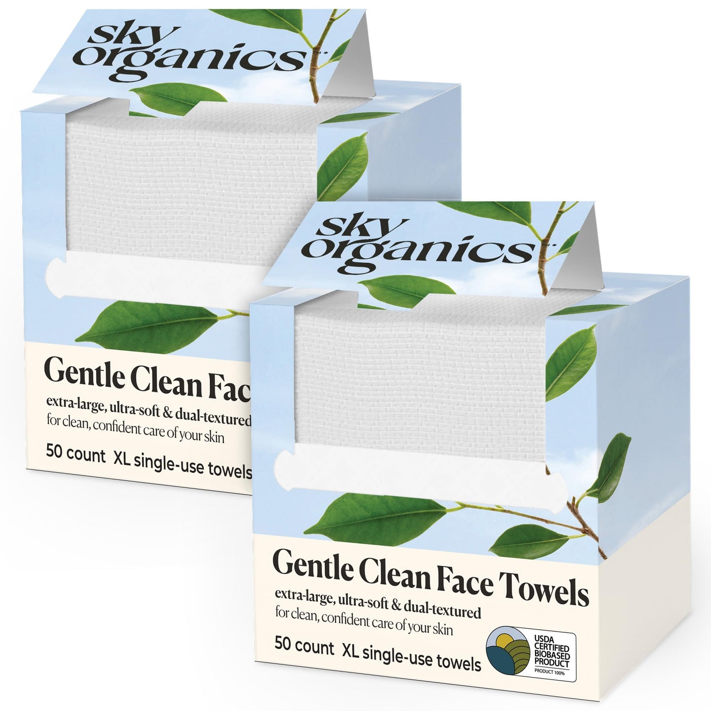 Sky Organics - Gentle Clean Face Towels (2-Pack) - 100 XL Single-Use Face Wipes - Ultra Soft & Dual Textured - Disposable Face Towel - Makeup Remover Wipes - Cruelty Free - Skin Care Tools - Self Care