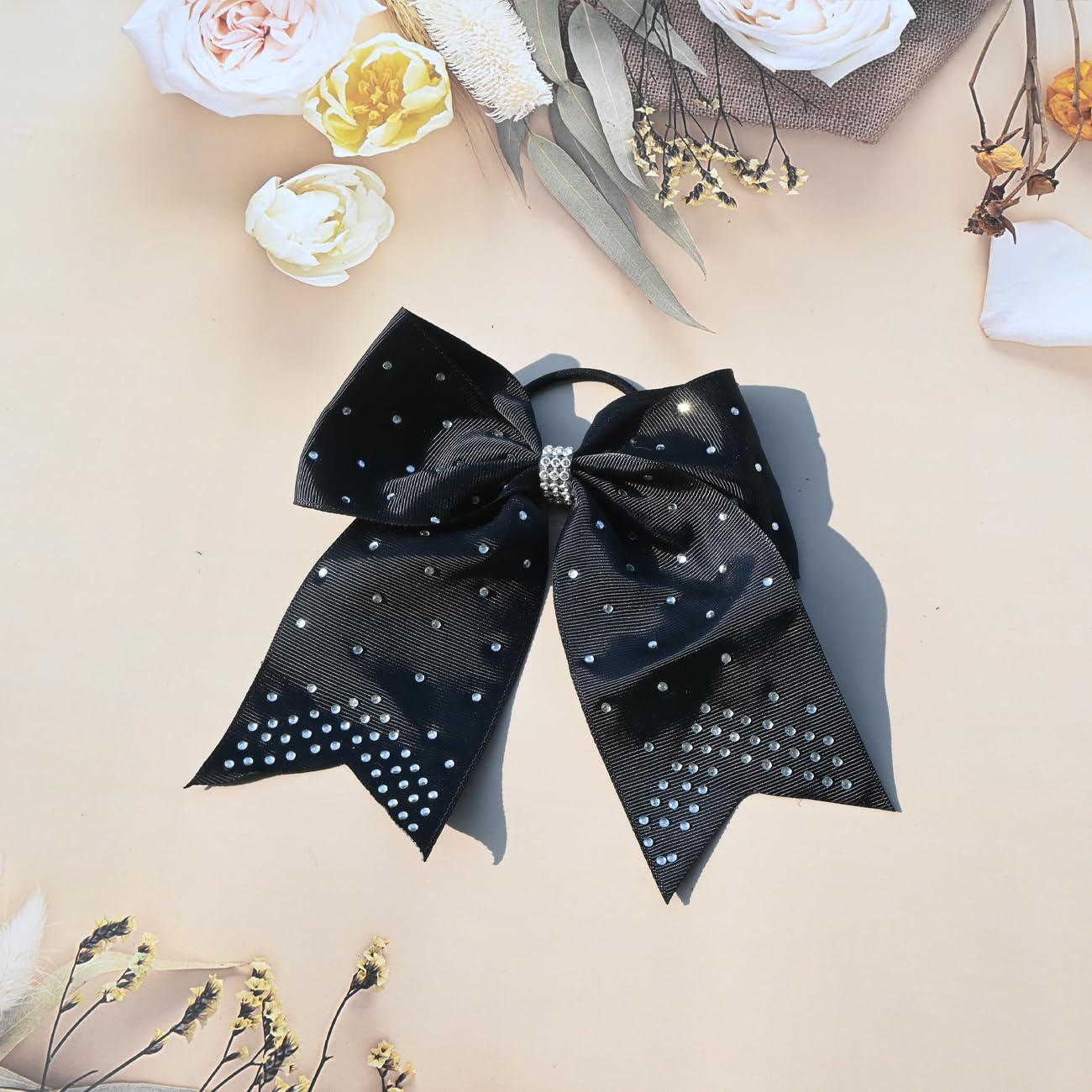 4 PCS 8" Rhinestones Cheer Bows Black Large Glitter Cheer Hair Bows for Girls Cheerleaders Sparkly Hair Bows with Elastic Hair Ties Accessories for Teens Girls Woman