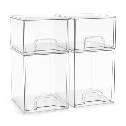 Sorbus Acrylic Storage Containers - 4 Pack, Stackable Storage Bins Set for Bathroom Organization - Clear Acrylic Drawer Organizers - Makeup Case Pull-Out Drawers (7.6’’ and 4.4’’ Tall)