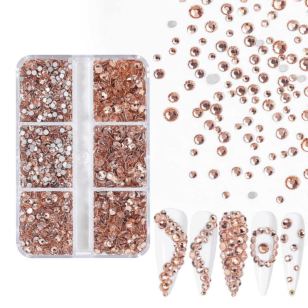 6Grids 3000Pcs Flatback Rhinestones, Champagne Color Nail Gems Crystals Jewels, Craft Glass Diamonds Stones Bling Rhinestone with Tweezers and Picking Pen for Nail Face Makeup(1.8mm~4mm Crystal)