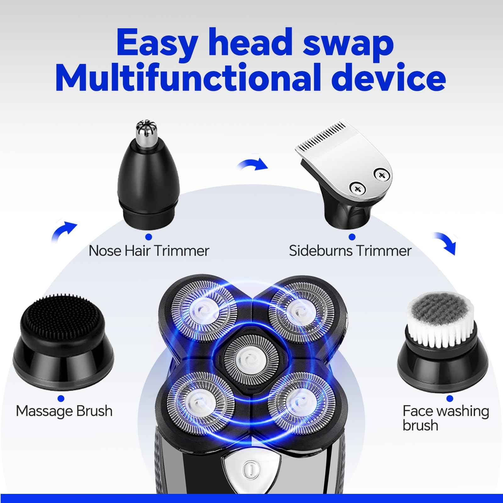 Bald Head Shaver,Electric Head Shavers for Bald Men, 5-in-1 Head and Face Grooming Kit, Waterproof Cordless Rotary Razor and USB Rechargeable,Gifts for Men