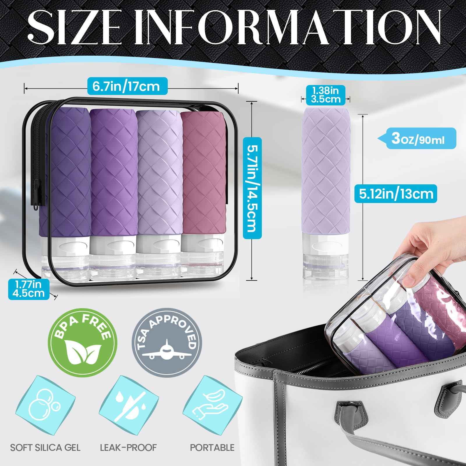 Silevoler Travel Bottles for Toiletries, TSA Approved Silicone Travel Size Containers for Toiletries, BPA Free Leak Proof Refillable Essentials Accessories, Shampoo and Conditioner Bottles (Purple)